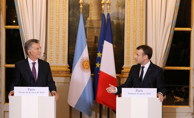Argentina's President Mauricio Macri (L) and France's President Emmanuel Macron (R) during a press conference at the Elysee Palace in Paris.