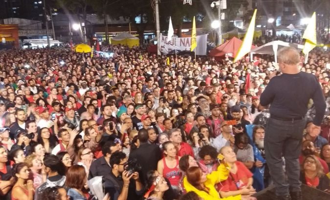 Former Brazilian President Luiz Inacio Lula da Silva speaks to a crowd of supporters in Curitiba, Brazil.