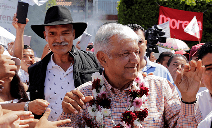 Andres Manuel Lopez Obrador at a rally in Uruapan, Michoacan.
