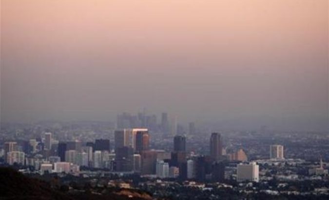 The US city of Los Angeles seen through smog.