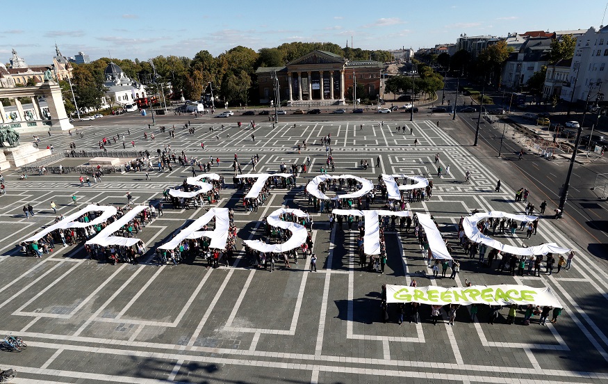 Greenpeace holds a demonstration against plastic waste at the Heroes Square in Budapest, Hungary, Sept. 30, 2018.