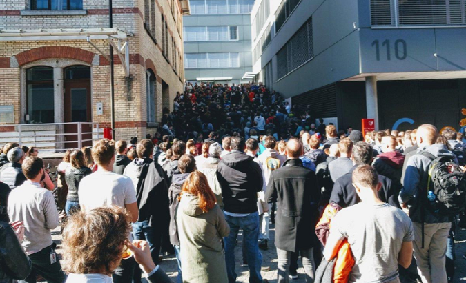 People in Zurich gather next to a Google office to start the walkout against sexual misconduct on Nov. 1, 2018.