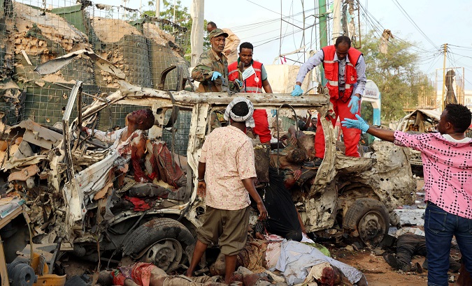 Somali rescue workers pictured at the scene of an explosion in Mogadishu.