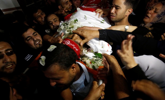 Palestinian mourners carry the body of Mohammed Odah, killed by an Israeli air strike in the northern Gaza Strip.