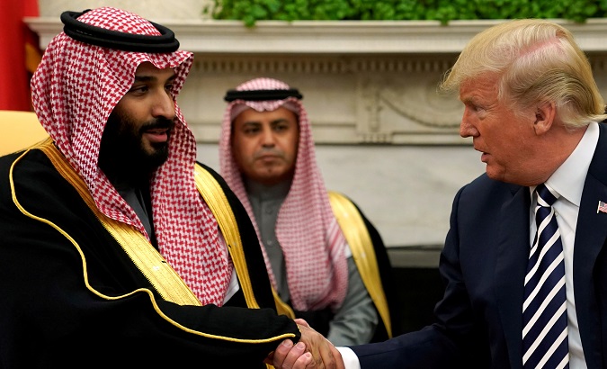 U.S. President Donald Trump shakes hands with Saudi Arabia's Crown Prince Mohammed bin Salman during an official visit in Washington D.C., March 20, 2018.