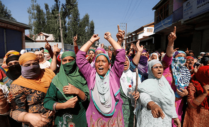 Kashmiri women shouting anti-India slogan in a protest march in Srinagar.