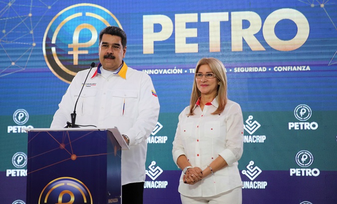 Venezuela's President Maduro and his wife Cilia promote the cryptocurrency Petro in response to U.S. sanctions.