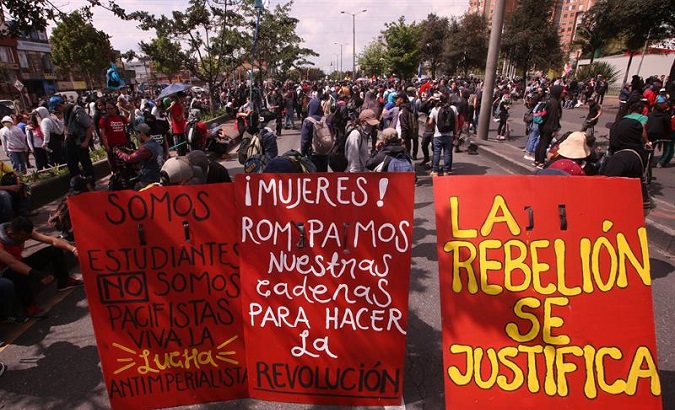 Students, farmers, workers and Indigenous peoples protest against President Ivan Duque's austerity policies in Bogota, Colombia on Nov. 28, 2018.