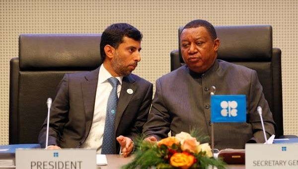 OPEC President Suhail Mohamed Al Mazrouei (L) and OPEC Secretary General Mohammad Barkindo in Vienna, Austria.