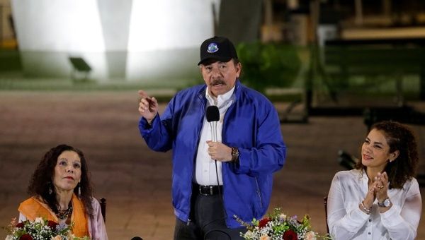 Nicaraguan President Ortega speaks during the opening ceremony of a highway overpass in Managua