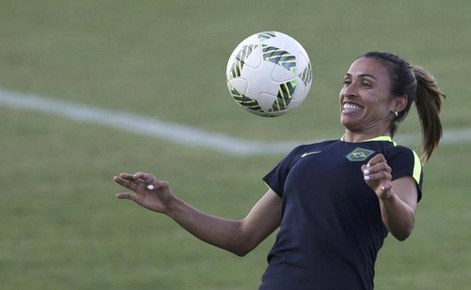 Marta of Brazil controls the ball during a training session at the World Cup in Rio de Janiero, Brazil, 8 June, 2016.