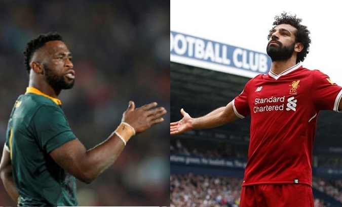 Pictured are South Africa's captain Siya Kolisi (L) and Egyptian striker Mohamed Salah (R).