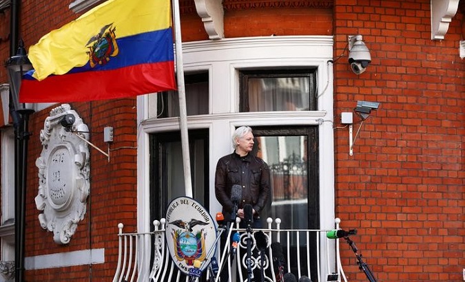 WikiLeaks founder Julian Assange speaks on the balcony of the Embassy of Ecuador in London, Britain, May 19, 2017.