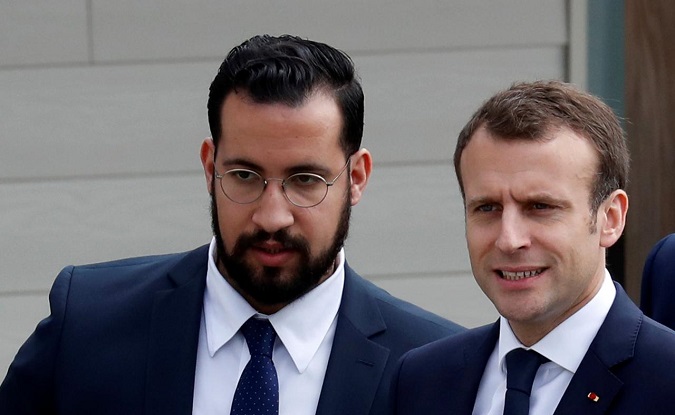 French President Emmanuel Macron and Elysee senior security officer Alexandre Benalla