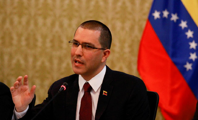 Venezuela's Foreign Minister Jorge Arreaza speaks during a meeting with accredited diplomatic teams in Caracas.