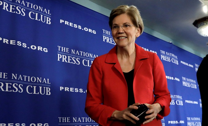 Senator Elizabeth Warren delivers a major policy speech in Washington.