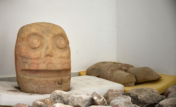 An sculpture of Xipe Totec ('Flayed Lord'), a pre-Columbian god of fertility and regeneration, is seen as part of the discovery of a temple at the archeological site of Ndachjian-Tehuacan, in Tehuacan, Puebla state, Mexico October 12, 2018. INAH - National Institute of Anthropology and History/Meliton Tapia/Handout.
