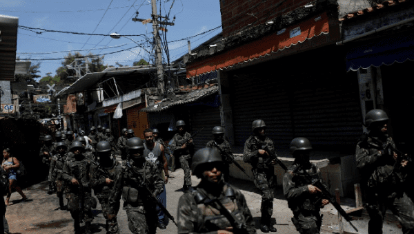Armed Forces members patrol in Jacarezinho slum during an operation against drug gangs in Rio de Janeiro, Brazil January 18, 2018