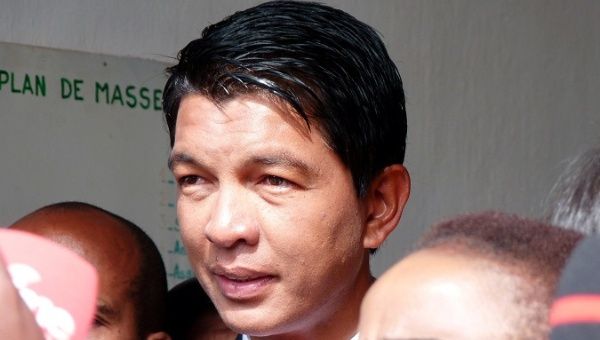 Madagascar presidential candidate Andry Rajoelina addresses the media outside a polling center after casting his ballot during the presidential election in Madagascar Dec 19, 2018.