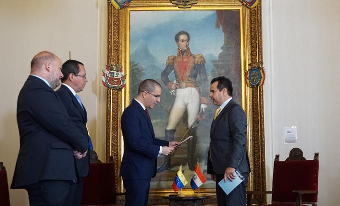 Venezuelan Foreign Minister Jorge Arreaza delivers the protest note to Ambassadors of 12 out of the 14 countries that make up the so-called Lima Group.