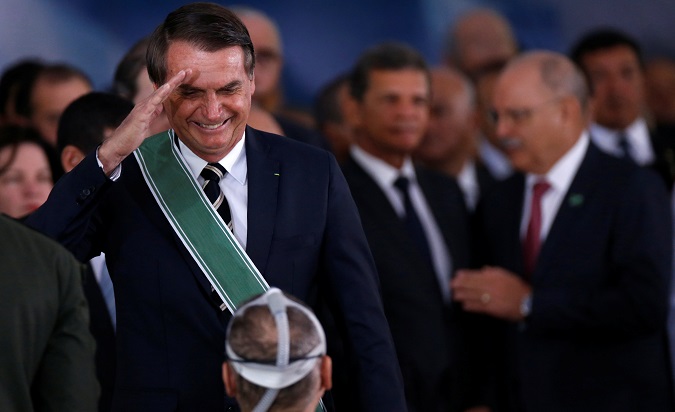 Brazil's President Jair Bolsonaro at a swearing-in ceremony for the country's new army commander in Brasilia, Brazil Jan. 11, 2019.