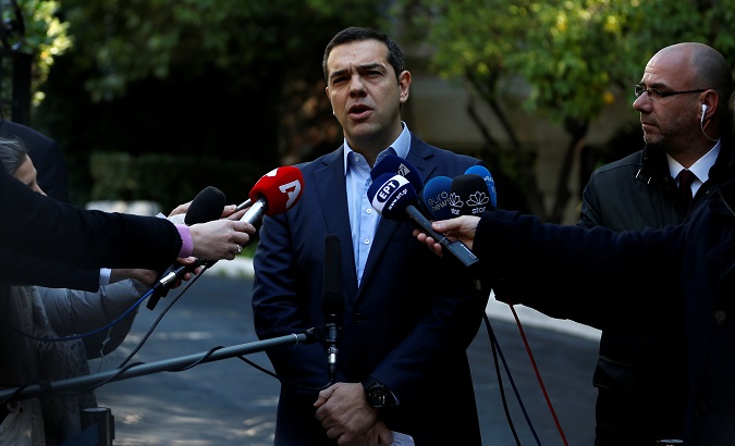 Greek Prime Minister Alexis Tsipras makes statements to the press after his meeting with former coalition partner Panos Kammenos in Athens, Greece, Jan.13, 2019.