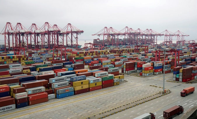 Containers piled up at the Yangshan Deep Water Port in Shanghai, China Apr. 24, 2018.