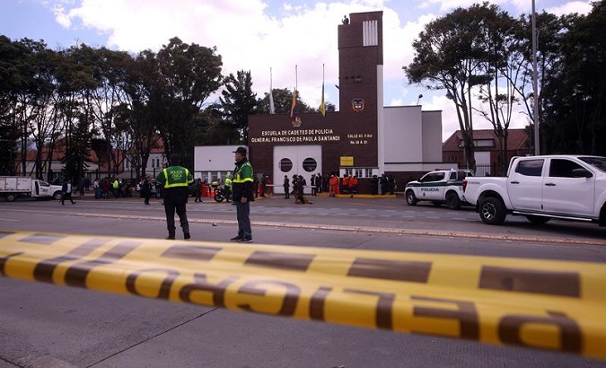 General view of the place where a car bomb caused an explosion this Thursday at the Santander General School of Police in Bogota.