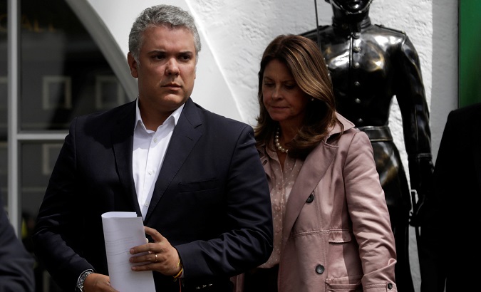 Colombia's President Ivan Duque and Colombia's Vice President, Marta Lucia Ramirez, attend a news conference, in Bogota, Colombia Jan. 17, 2019.
