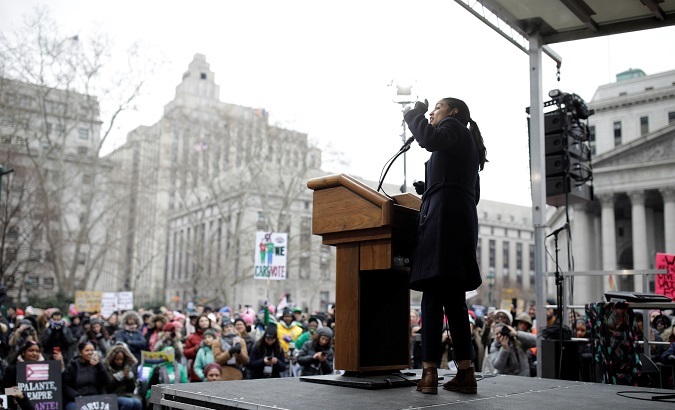 Alexandria Ocasio-Cortez addresses the Women's March NYC demonstration at Foley Square in the Manhattan borough of New York City, New York, U.S., January 19, 2019.