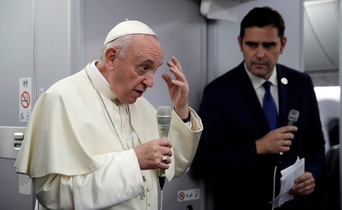 Pope Francis speaks during a news conference aboard a plane on the way back from Panama to Rome, Italy January 27, 2019.