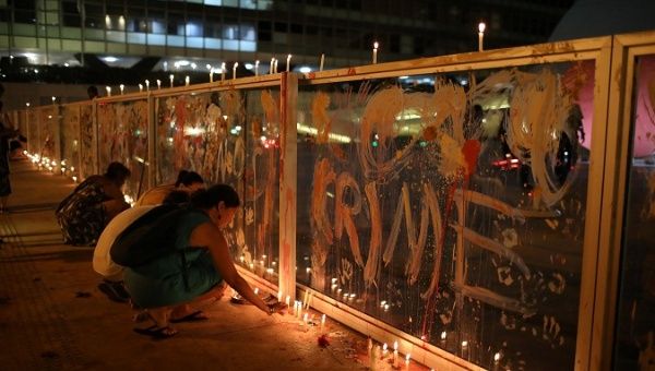 People light candles during a vigil in front of the Brazilian mining company Vale SA headquarters in Rio de Janeiro, Brazil Jan. 28, 2019.
