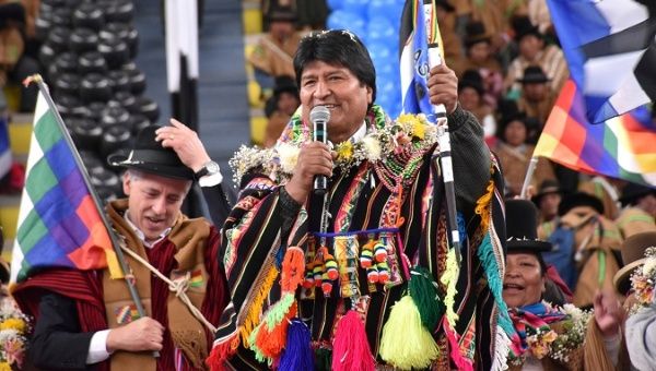 Bolivia's President Evo Morales accompanied by Vice President Alvaro Garcia Linera speaks during a rally in El Alto outskirts La Paz, Bolivia, January 23, 2019.