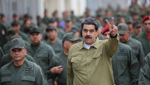 Venezuela's President Nicolas Maduro gestures during a meeting with soldiers at a military base in Caracas, Venezuela January 30, 2019.