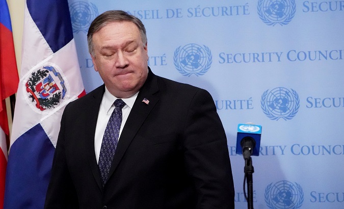 U.S. Secretary of State Mike Pompeo reacts as he speaks to the media at the United Nations following a Security Council meeting about the situation in Venezuela in the Manhattan borough of New York City, New York, U.S., Jan. 26, 2019.