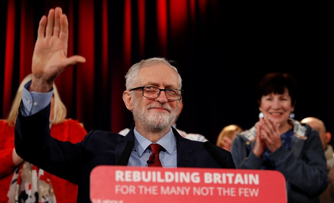 Jeremy Corbyn, Leader of the Labour Party gestures before delivering a speech days after he called a vote of no confidence in Prime Minister Theresa May's government.