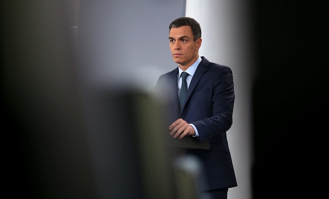 Spain's Prime Minister Pedro Sanchez delivers an official statement on the government's position on the political crisis in Venezuela, in Madrid, Spain, Jan. 26, 2019.