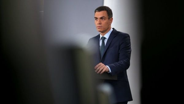 Spain's Prime Minister Pedro Sanchez delivers an official statement on the government's position on the political crisis in Venezuela, in Madrid, Spain, Jan. 26, 2019. 