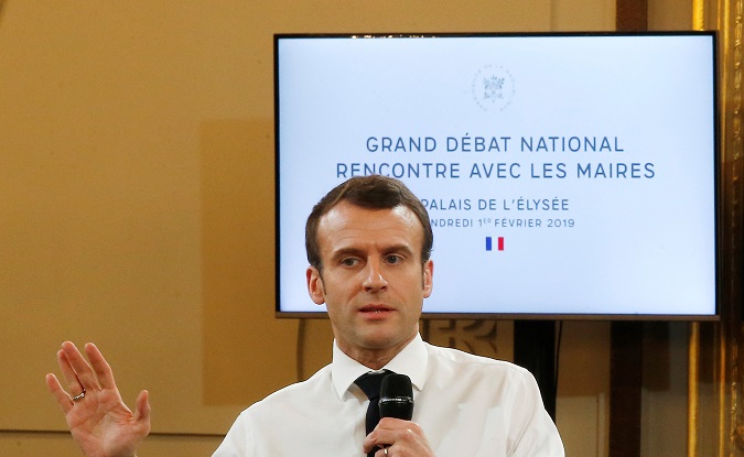 French President Emmanuel Macron speaks during a meeting with mayors of oversee territories as part of the 