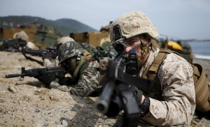 U.S. and South Korean marines participate in a U.S.-South Korea joint landing operation drill in Pohang, South Korea.