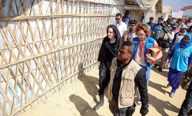 Actor Angelina Jolie joins in a press briefing as she visits Kutupalong refugee camp in Cox's Bazar, Bangladesh, Feb. 5, 2018.