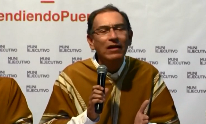President Martin Vizcarra in Caramarca at a news conference says Peru does not support any military intervention in Venezuela. Feb. 5, 2019