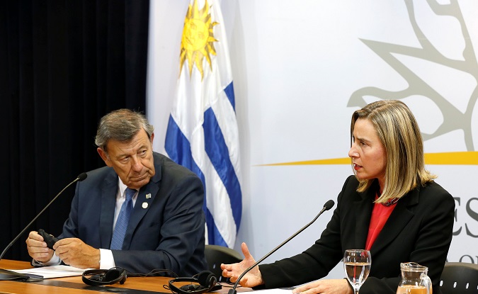 Federica Mogherini, High Representative of the Union for Foreign Affairs and Security Policy and Uruguayan Foreign Minister Rodolfo Nin Novoa speak at a news conference in Montevideo.