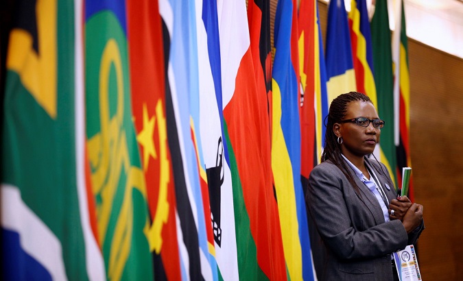 SADC meeting showing the various flags of the African group's member countries.
