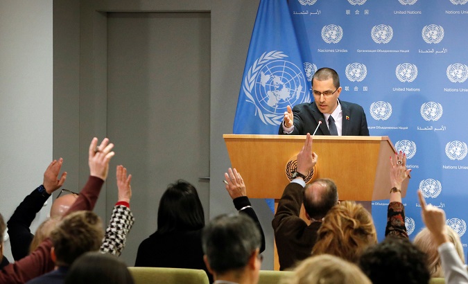 Venezuela Minister of Foreign Affairs Jorge Arreaza responds to questions in the press briefing room at the U.N. Headquarters in New York, U.S. Feb. 12, 2019.
