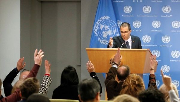 Venezuela Minister of Foreign Affairs Jorge Arreaza responds to questions in the press briefing room at the U.N. Headquarters in New York, U.S. Feb. 12, 2019. 