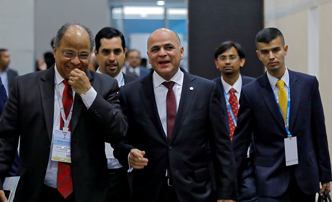 Venezuela's Oil Minister Manuel Quevedo (C) arrives to attend the Petrotech conference in Greater Noida, India, Feb. 11, 2019.