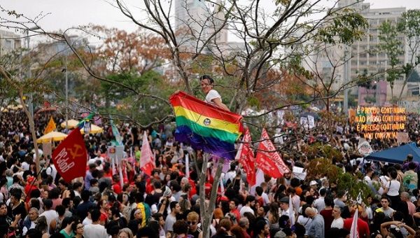 People rallied against Brazil’s presidential candidate Jair Bolsonaro, who has used homophobic language in speeches, in the lead up to the election.