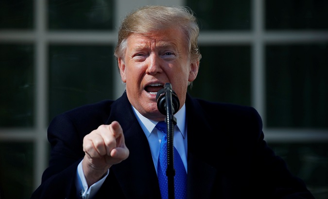 U.S. President Donald Trump declares a national emergency at the U.S.-Mexico border during remarks about border security in the Rose Garden of the White House in Washington, U.S., Feb. 15, 2019.