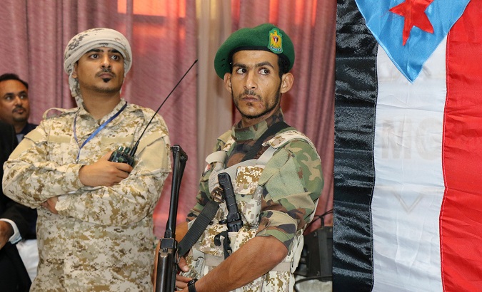 Yemeni soldiers guard during the meeting of the national assembly of Yemen's separatist Southern Transitional Council in Mukalla, Yemen February 16, 2019.